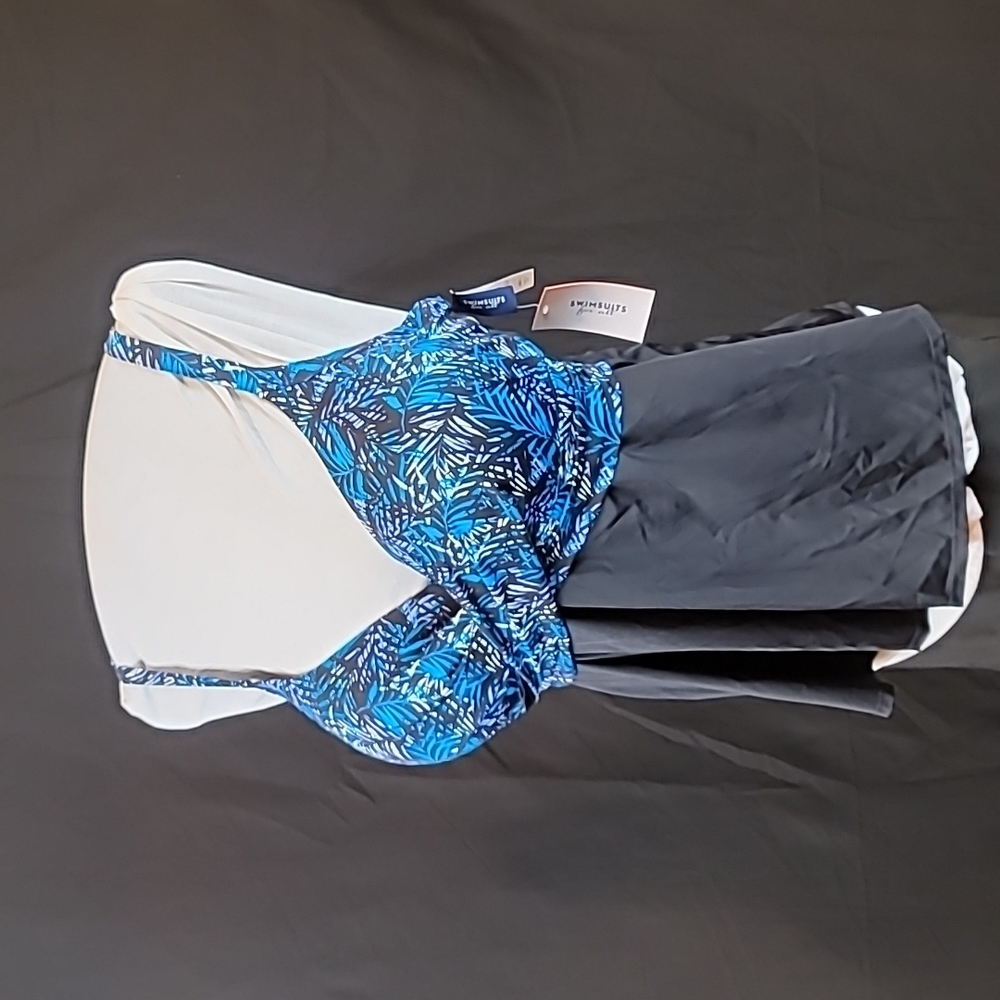 SWIMSUITS FOR ALL Blue Palm Flowy TANKINI SWIM TOP Built in Underwire 46D- NWT